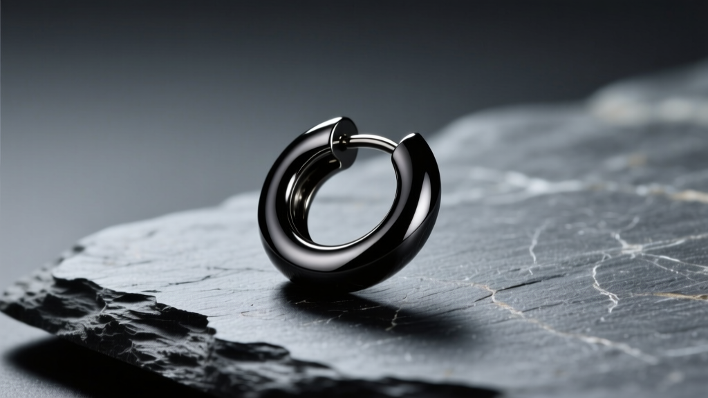 Macro shot of a black DLC titanium huggie earring resting on textured slate under dramatic, moody studio lighting