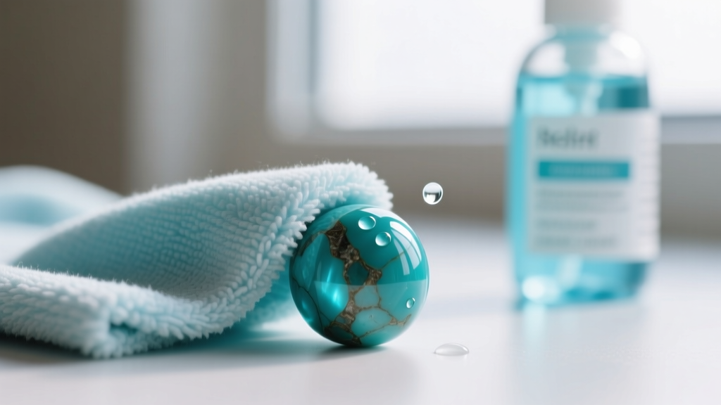 Soft microfiber cloth gently wiping a natural turquoise bead, with distilled water and pH-neutral soap in the blurred background.