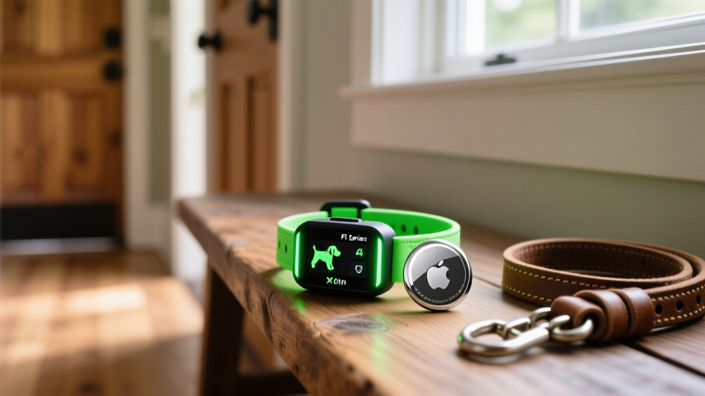 Close-up of a Fi Series 4 GPS dog collar module glowing green next to an Apple AirTag resting on a wooden entryway bench with dog leash