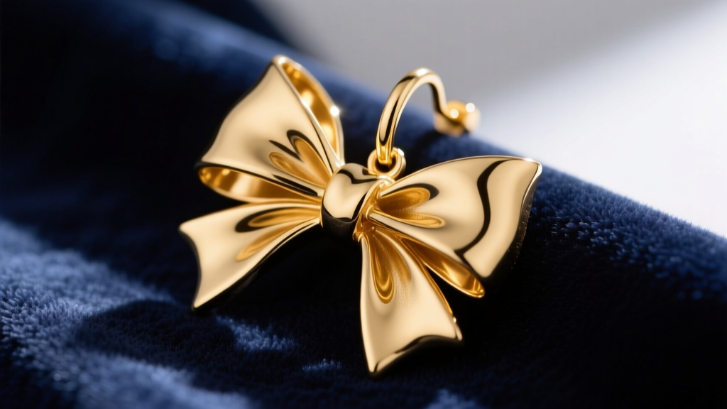 Macro shot of a large hollow-cast 18k gold bow earring on velvet, highlighting ribbon folds and a thick 18-gauge post.