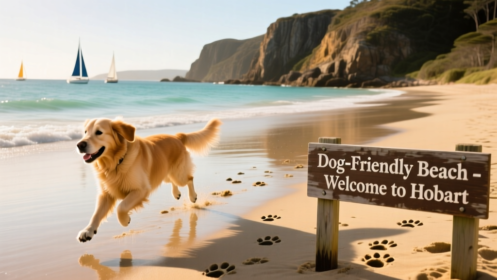 Scenic coastal beach in Hobart with a dog running along the shoreline