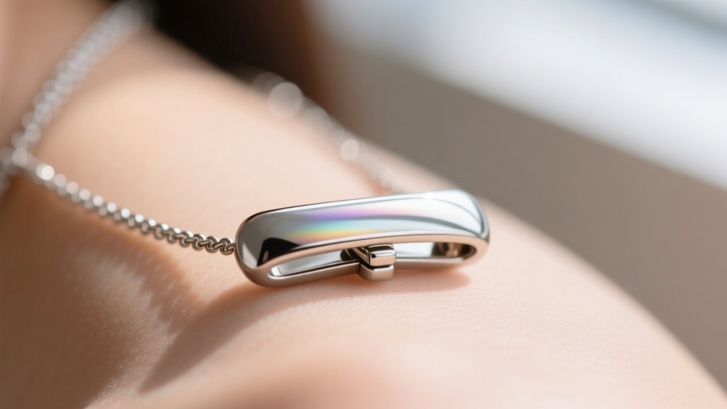 Macro view of a polished titanium necklace clasp showing its smooth, hypoallergenic finish against soft, blurred skin tones.