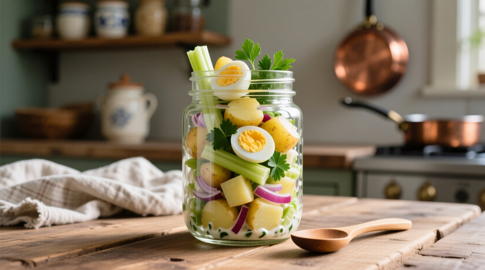 Fresh potato salad in glass container with visible ingredients