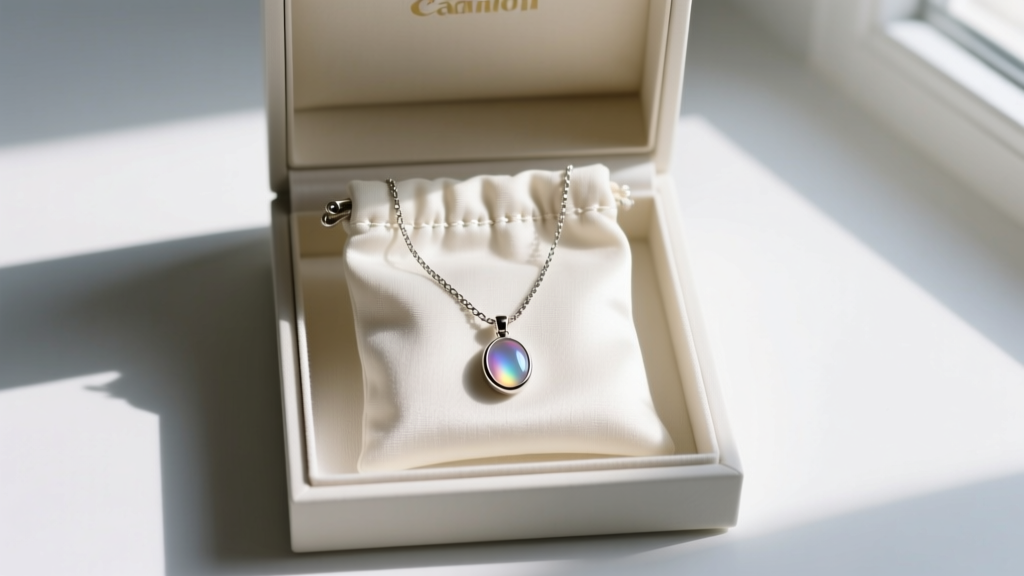 A neatly organized jewelry box showing a smok necklace stored in a soft anti-tarnish pouch to prevent surface micro-scratches