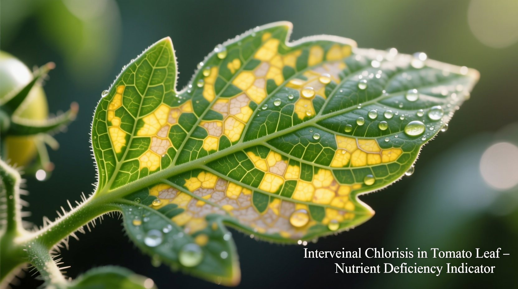 Close-up of tomato leaf showing interveinal chlorosis