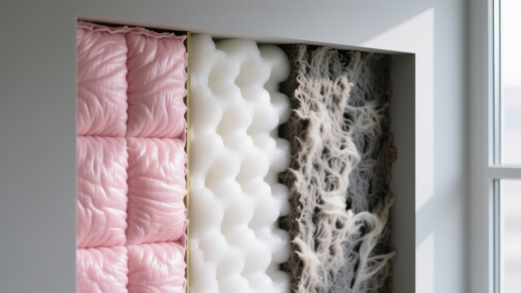 Wall cavity showing pink fiberglass batts, closed-cell spray foam, and mineral wool boards side-by-side for thermal comparison