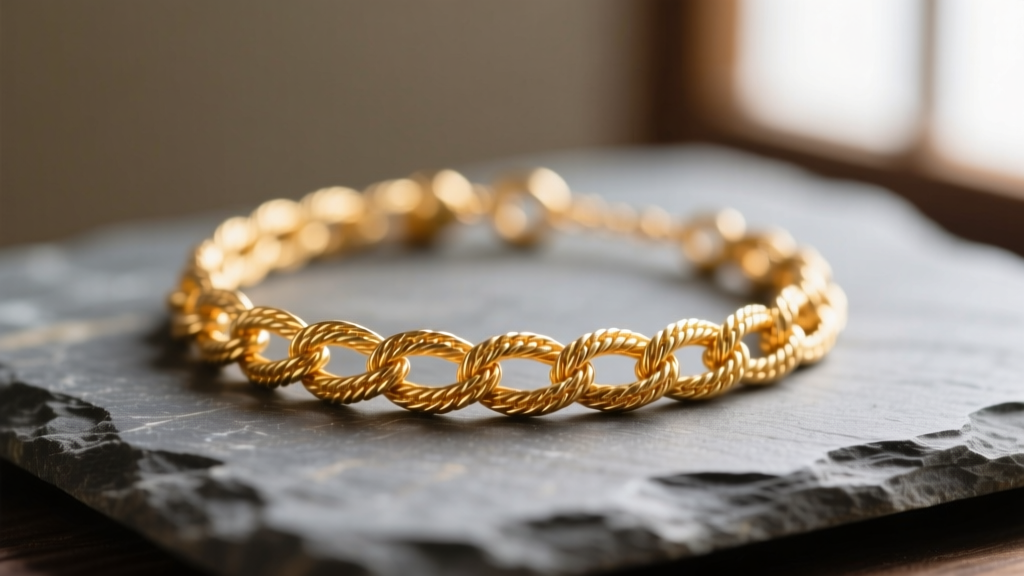 Macro shot of a 10g Japanese K18 gold rope necklace on slate, showing precise link soldering and a distinct warm metallic hue.