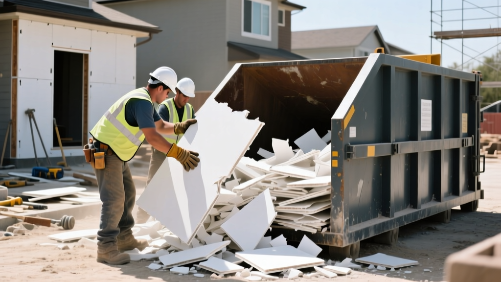 Construction workers loading broken white gypsum board scraps into a specialized drywall recycling dumpster at a busy residential job site
