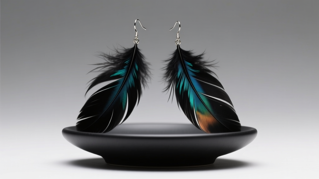 Elegant black rooster hackle feather dangle earrings resting on a minimalist matte black ceramic stand under soft studio lighting