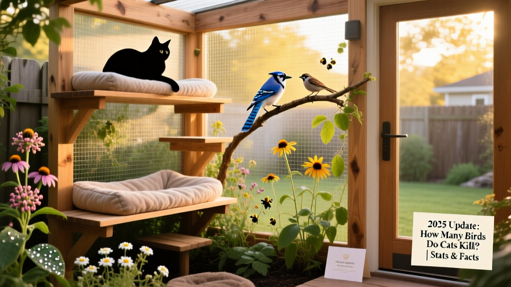 A cat-safe catio with climbing shelves, shaded perches, and bird-friendly native plants visible beyond the mesh enclosure