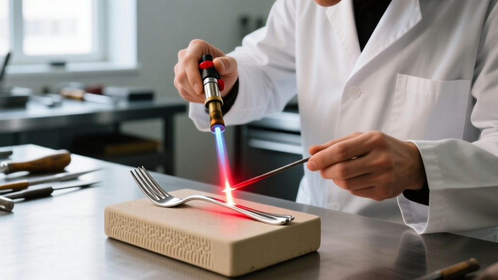 Jeweler using a butane torch to anneal a silver fork, metal glowing cherry red on a heat-resistant ceramic soldering block.