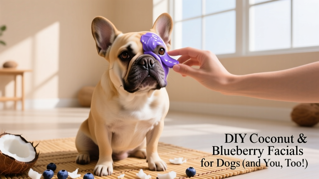 A French Bulldog sitting calmly while a person gently applies a smooth, purple-blue paste around its muzzle and eyes