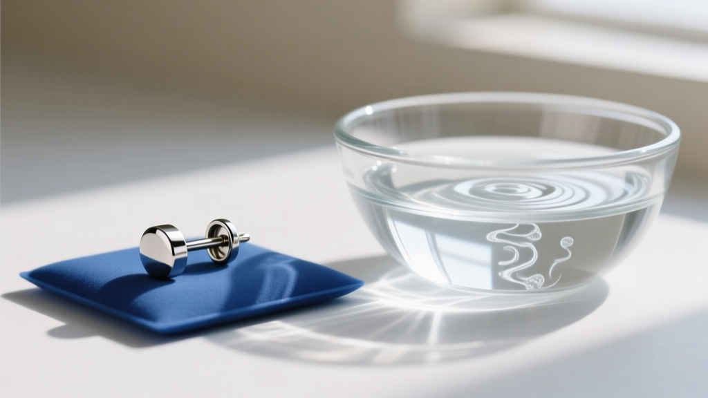 Macro shot of a titanium earring post on a blue medical pad next to a glass bowl filled with a clear liquid cleaning solution.