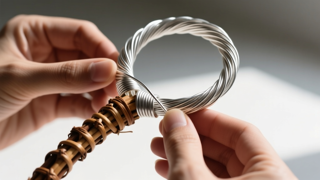 Close-up of a jeweler wrapping 26-gauge sterling silver wire around a peeled rattan core to form a lightweight geometric hoop