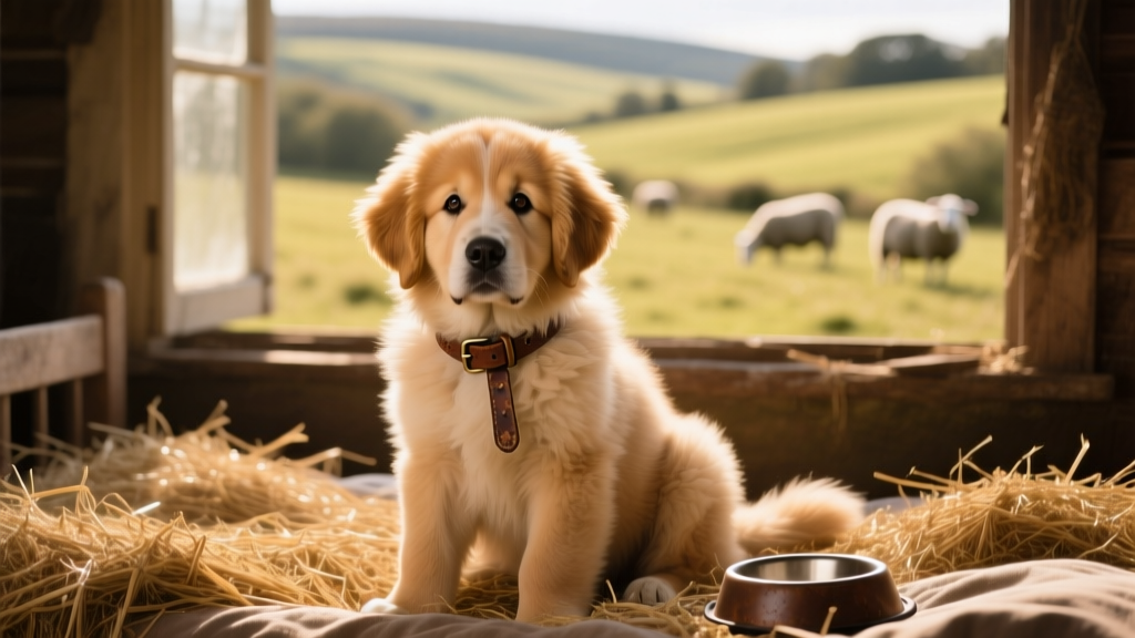 great pyrenees puppy sitting on straw