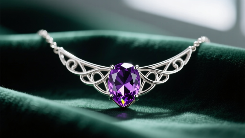 Close-up of a rhodium-plated sterling silver evenstar necklace with an amethyst gemstone resting on dark green velvet fabric.