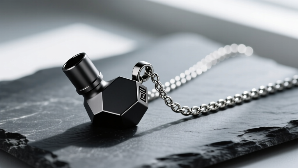 Close-up of a matte black titanium breathing tube pendant resting on dark slate next to a silver 28-inch rolo chain.