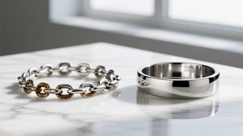 Side-by-side view of a tarnished sterling silver New York chain and a polished 316L stainless steel version on white marble.