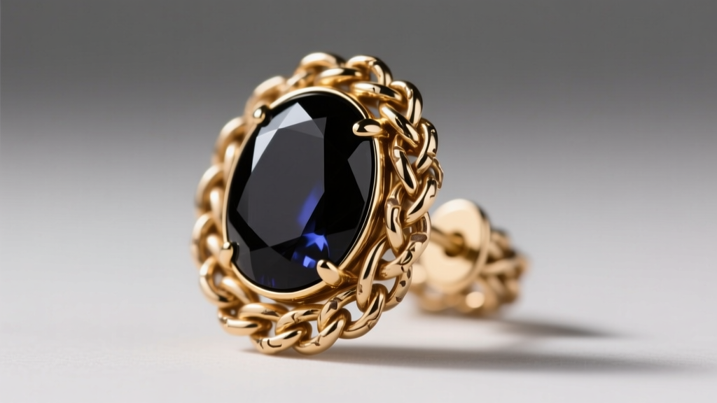 Macro shot of a John Hardy large dot earring showing the textured Balinese woven chain and a central black sapphire cabochon.