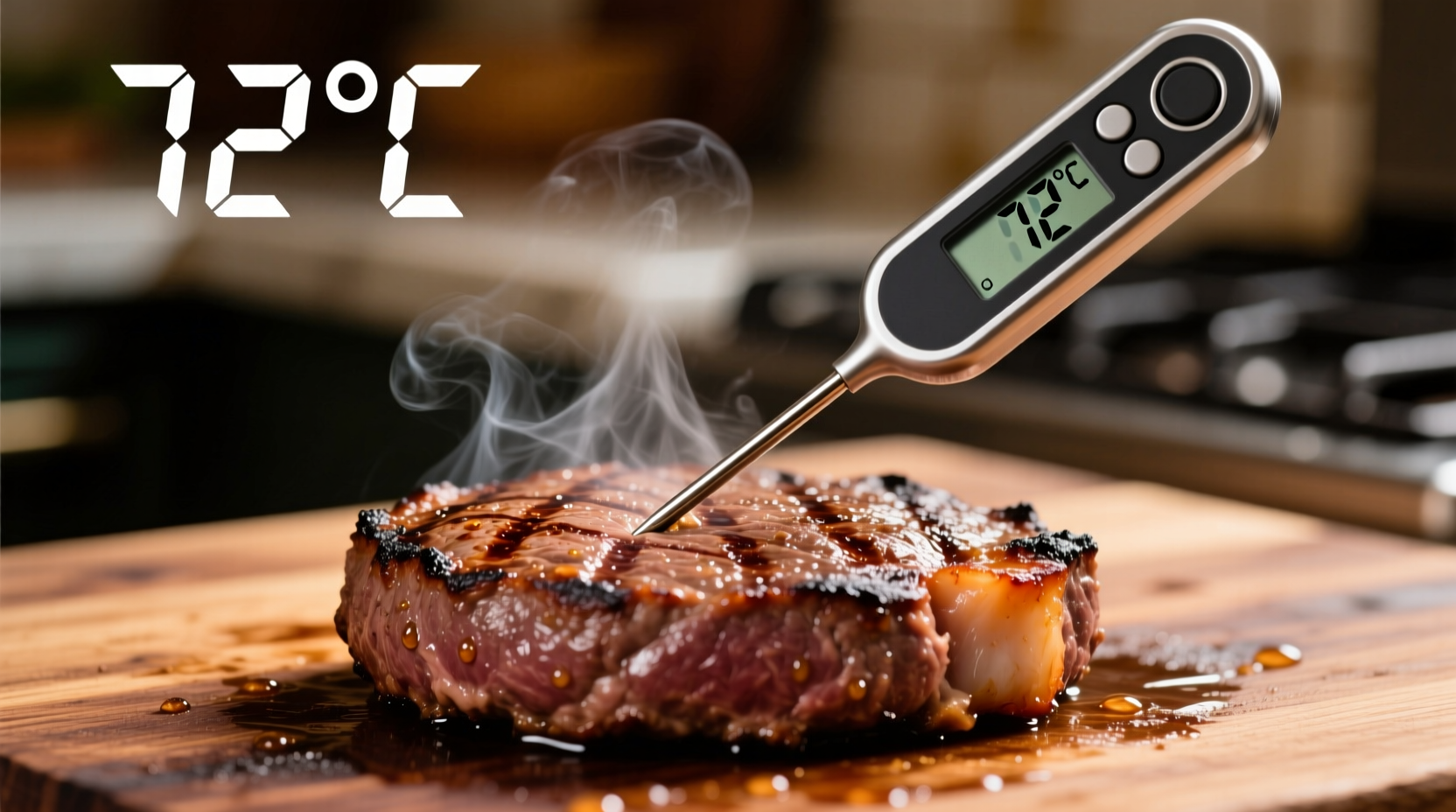 Digital thermometer measuring temperature in cooked ground beef patty