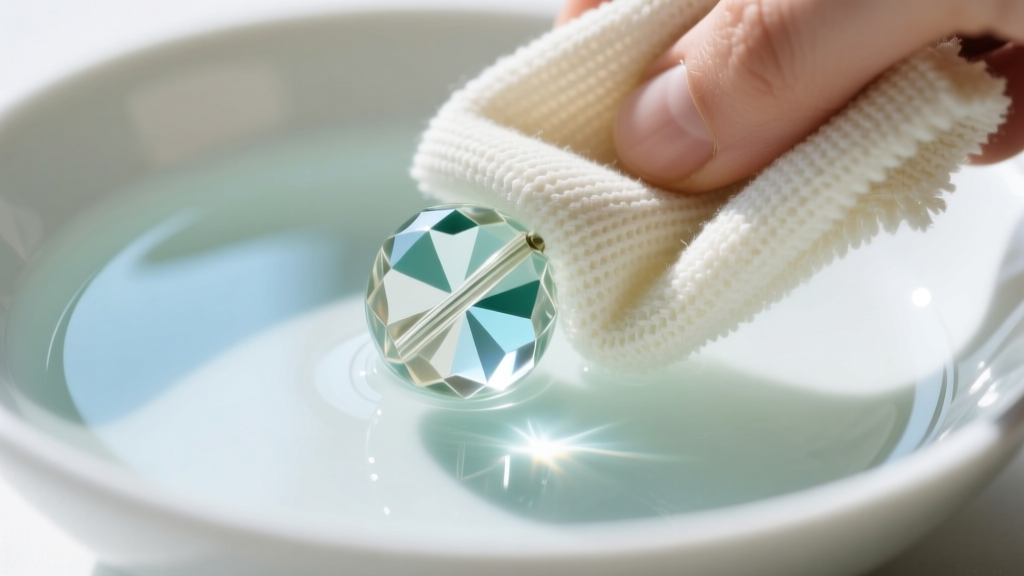 Microfiber cloth wiping a carved clear vintage lucite bead, small bowl of mild soapy water visible in the blurred background