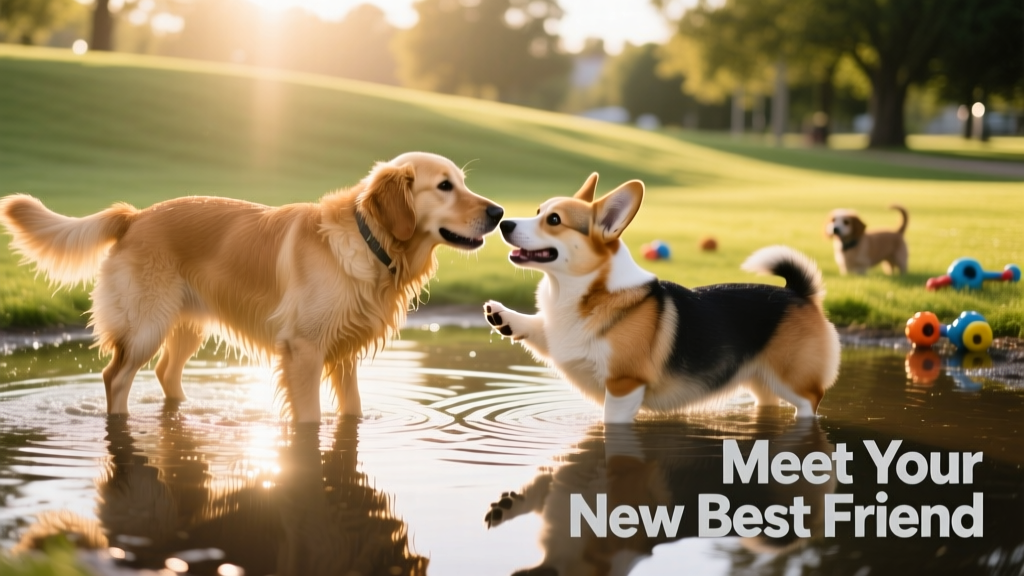 Two dogs playfully greeting each other in a sunlit dog park puddle