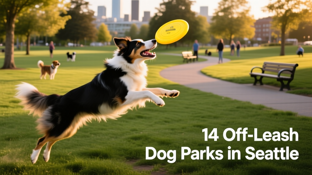 Border Collie mid-air chasing a frisbee in a vibrant, well-maintained dog park