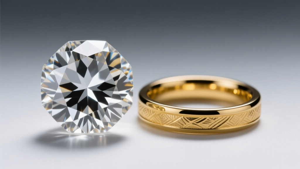 Macro shot of raw lab-grown CVD diamond crystal beside polished 18k yellow gold bezel setting under cool directional studio lighting