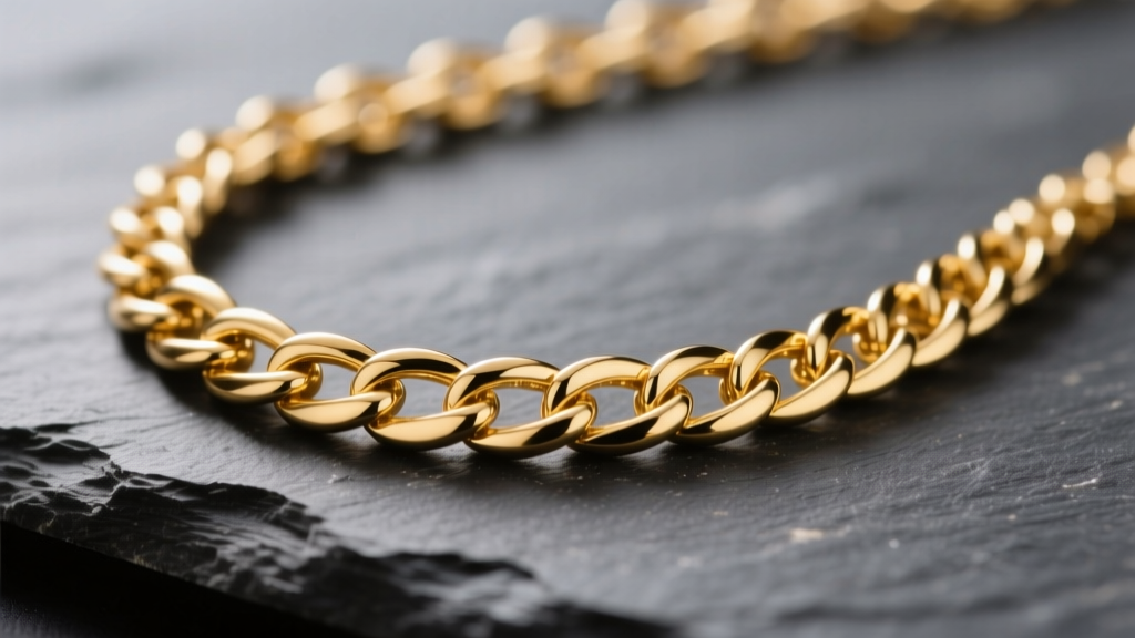 Macro shot of an 18k gold plated chain necklace on dark slate, showing warm yellow hues and fine interlocking links.
