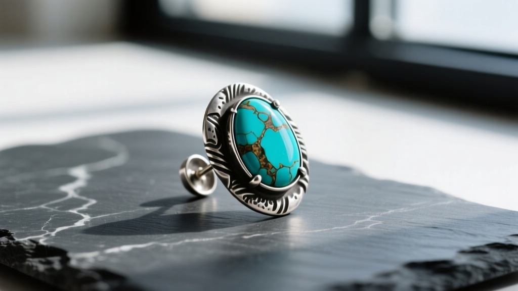 Close-up of a heavy artisan wylder earring featuring raw turquoise and oxidized sterling silver resting on dark slate.