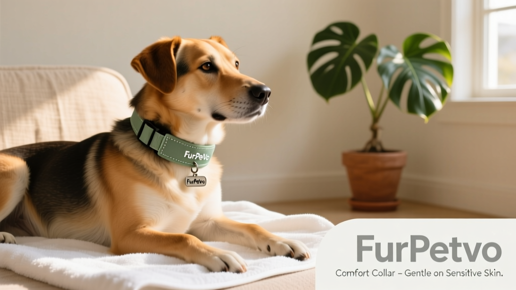 Dog wearing a soft, adjustable FurPetVo Comfort Collar while resting calmly on a clean towel