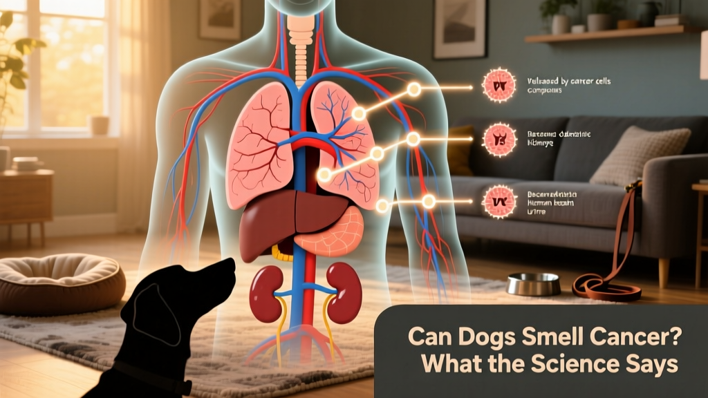 Infographic showing how VOCs from cancer cells travel through the body and become detectable in breath and urine
