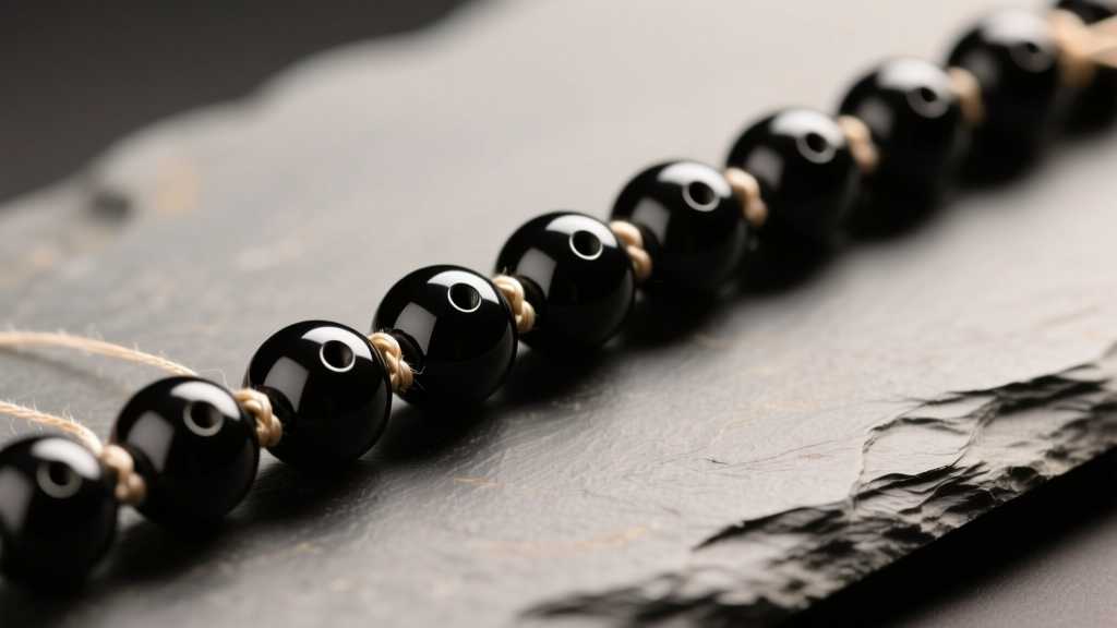 Macro of 16mm matte black onyx beads on slate, showing smooth drill holes and precise silk knotting under soft studio light.