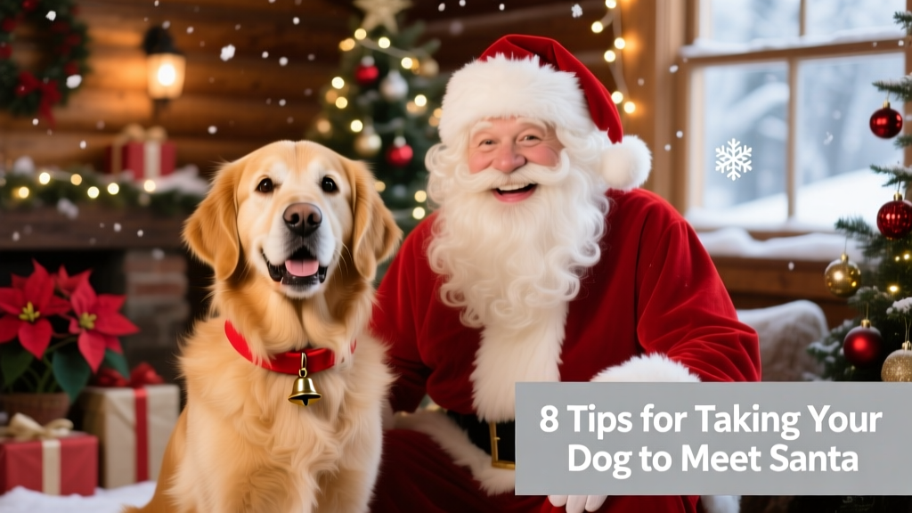 A happy dog making eye contact with the camera while sitting beside Santa, with festive lights in the background