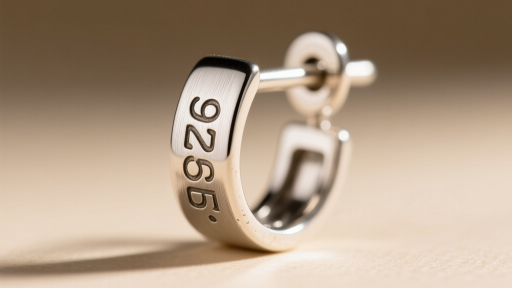 Macro photography of a .925 sterling silver earring leverback clasp, showing the hallmark stamp and brushed metal texture.