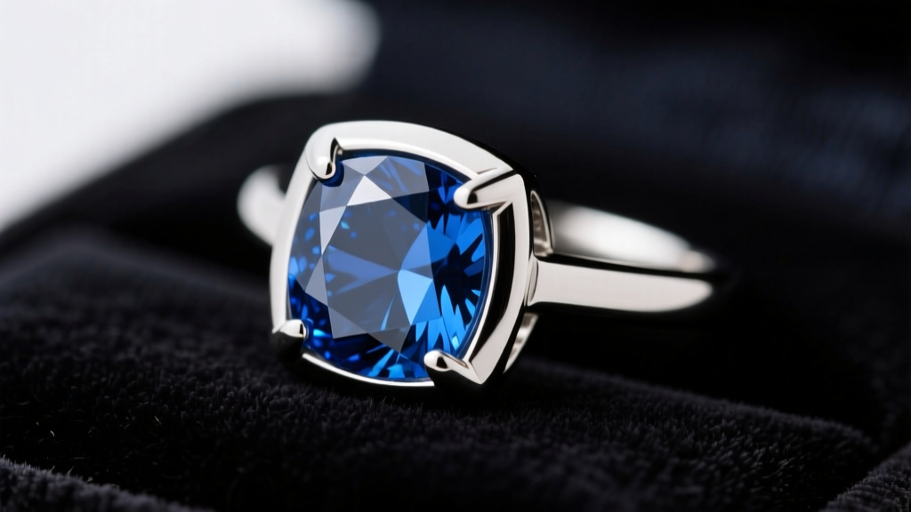 Close-up of a bezel-set sapphire ring on dark velvet, showing precise platinum metal pressure points securing the Mohs 9 gemstone