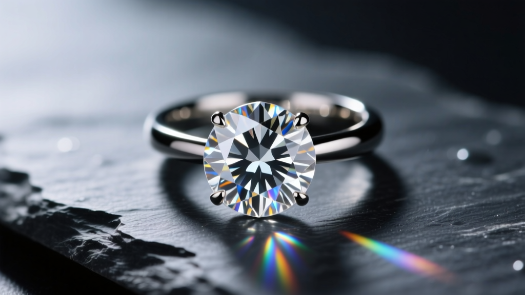 Close-up of a round brilliant cubic zirconia ring on dark slate, lit by soft studio lighting to reveal its clear sparkling facets.