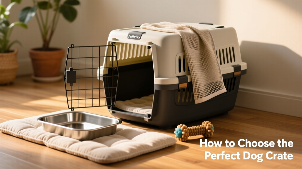 A curated collection of crate accessories: padded mat, removable tray, breathable cover, and chew-safe toy placed beside a FurPetVo crate