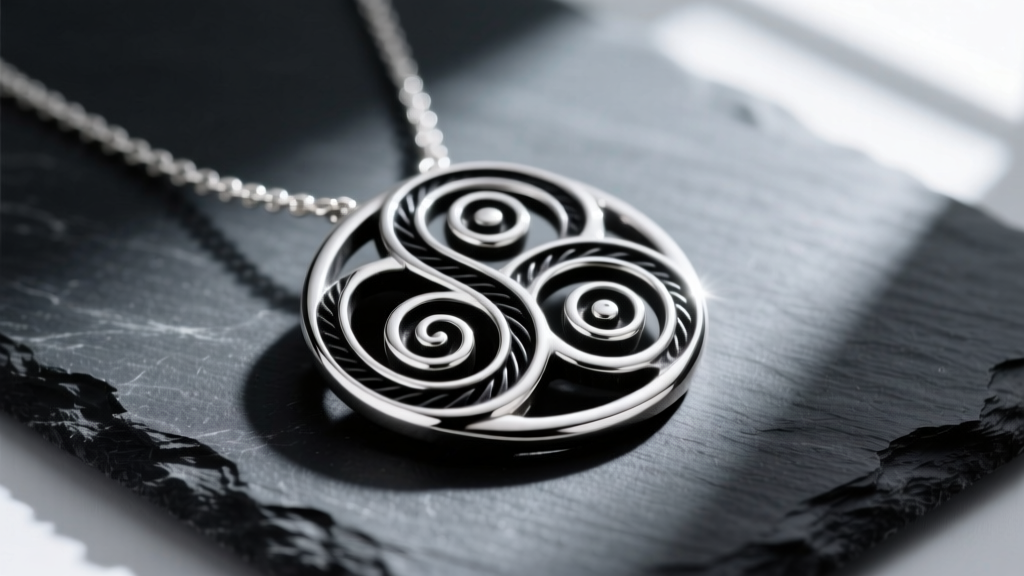 Close-up of a sterling silver triskelion necklace on dark slate, showing deep oxidized spiral crevices and bright polished edges.