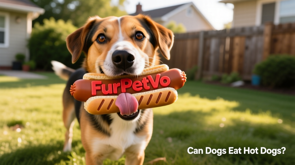 A happy dog licking its lips while holding a FurPetVo branded hot dog-shaped treat in its mouth