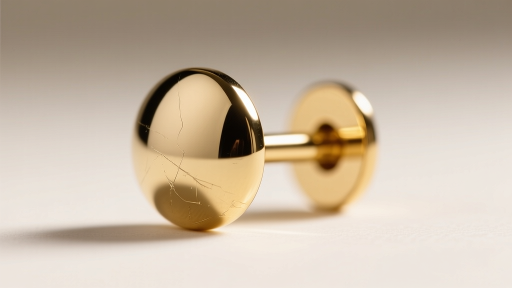 Extreme macro view of a mirror-finished 16-gauge gold earring post, revealing the flawless surface texture preventing bacteria