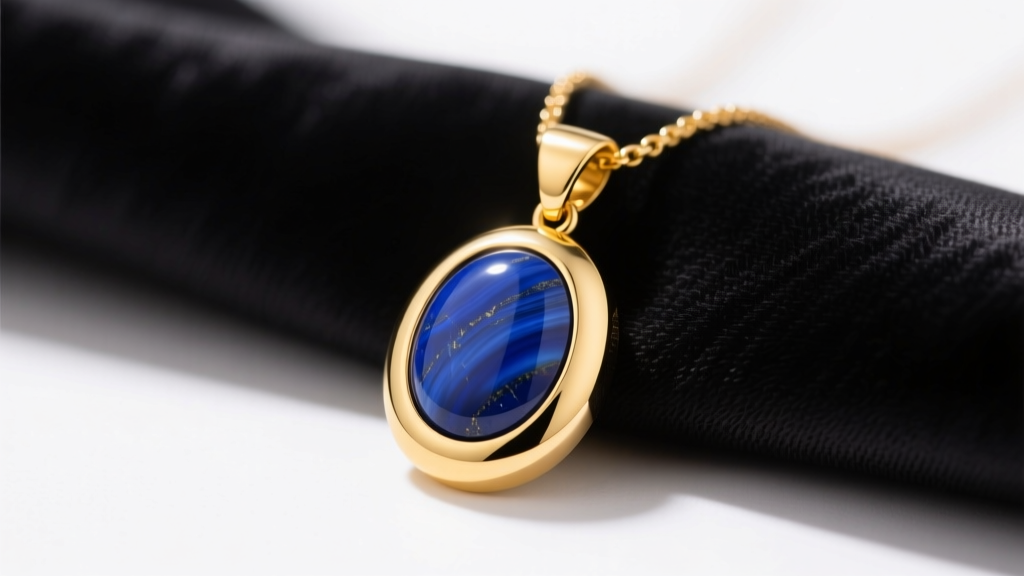 18k yellow gold Sora necklace pendant with a bezel-set lapis lazuli cabochon resting on dark silk cloth in soft studio lighting