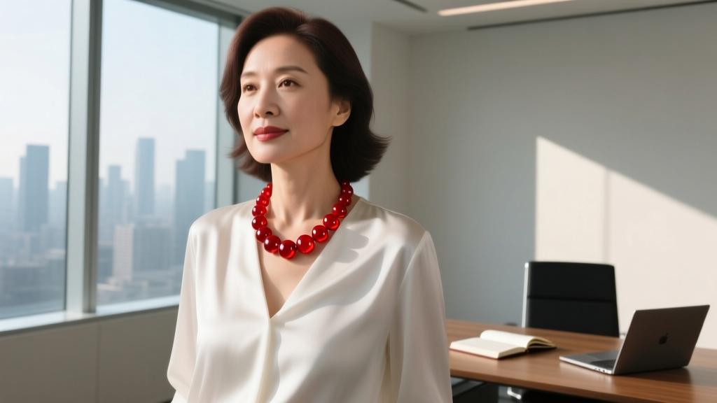 Professional woman wearing a subtle polished red resin cinnabar bead necklace over a crisp white silk blouse in a modern office.
