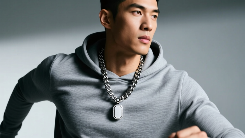 A male athlete wearing a 6mm stainless steel Cuban link chain with a rhodium-plated home plate bling pendant against a grey hoodie.