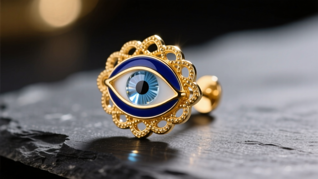 Macro view of a 14k gold evil eye earring with blue enamel and glass center, resting on dark slate under warm studio lighting