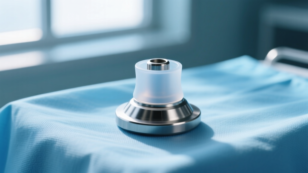 Macro shot of an ASTM F136 titanium nipple shield with medical-grade silicone adhesive backing on a sterile blue drape.
