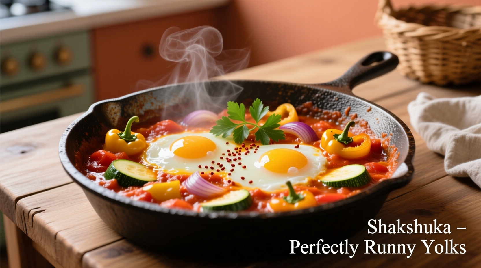 Perfect shakshuka in cast iron skillet with runny yolks