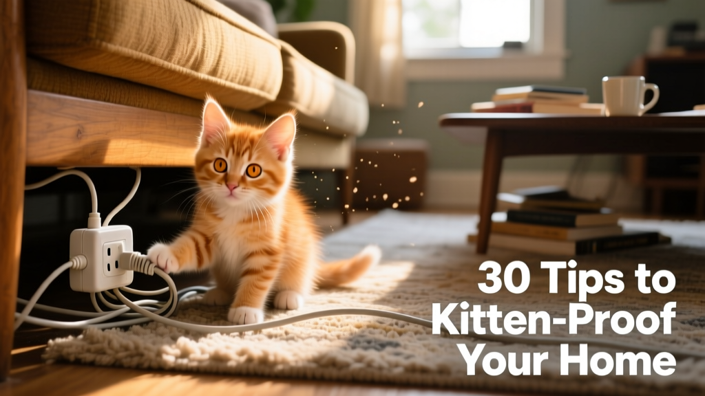 A playful kitten investigating a cord-covered power strip under a sofa
