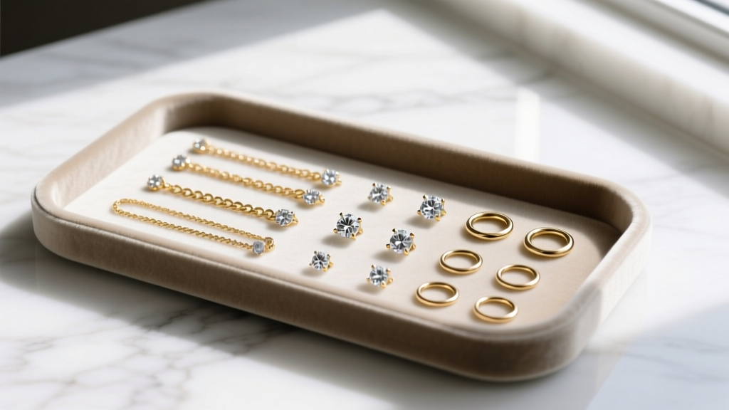 Velvet tray with 14k gold chains, diamond charms, and 20-gauge jump rings for permanent jewelry welding on a white marble table.