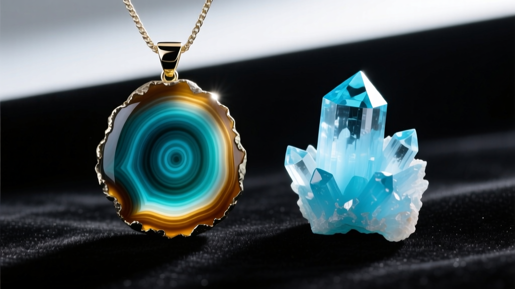 Macro shot of an ocean jasper and raw aquamarine pendant, highlighting natural orbicular patterns and unpolished crystal facets.